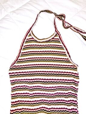 🍒 AMERICAN EAGLE Y2K Ribbed Striped Halter Top Multicolor Retro Summer Sz L